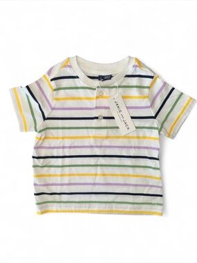 Janie and Jack White Multi-Stripe Short Sleeve Henley Tee - Kids 12-18M
